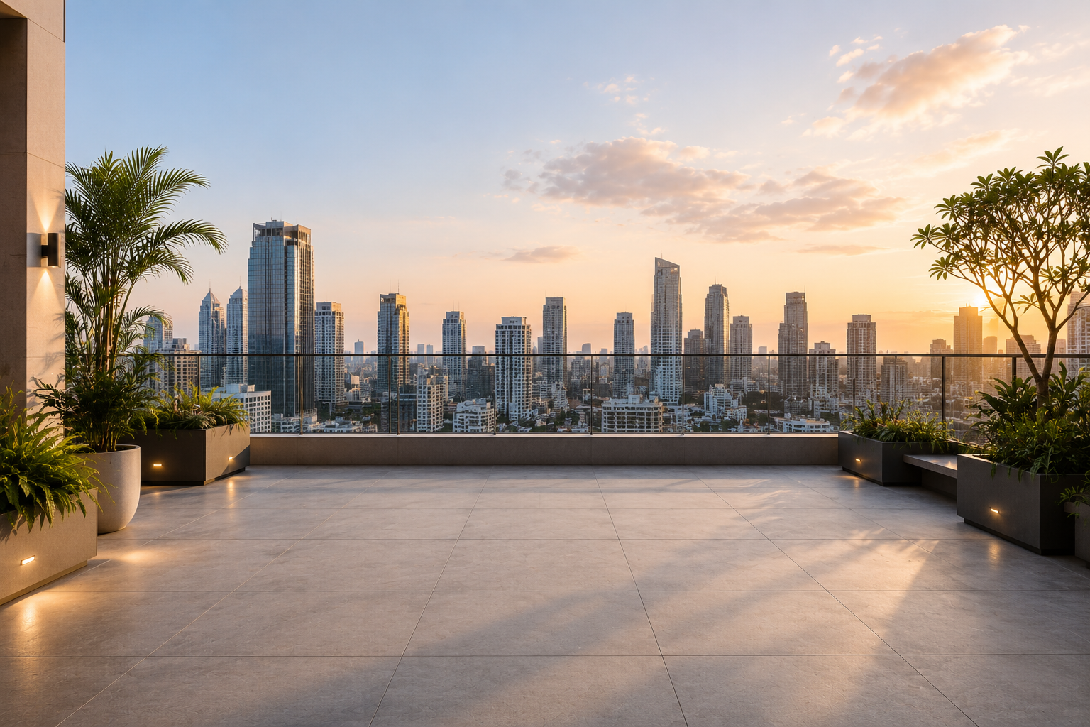 City skyline terrace backdrop