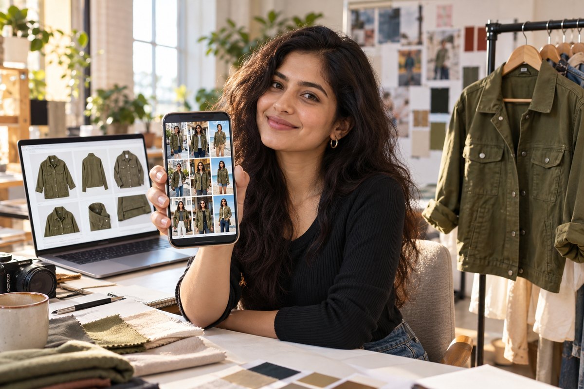 A D2C brand founder holding a phone with a social grid of the same olive jacket in lifestyle scenes, the marketplace thumbnails on the laptop behind