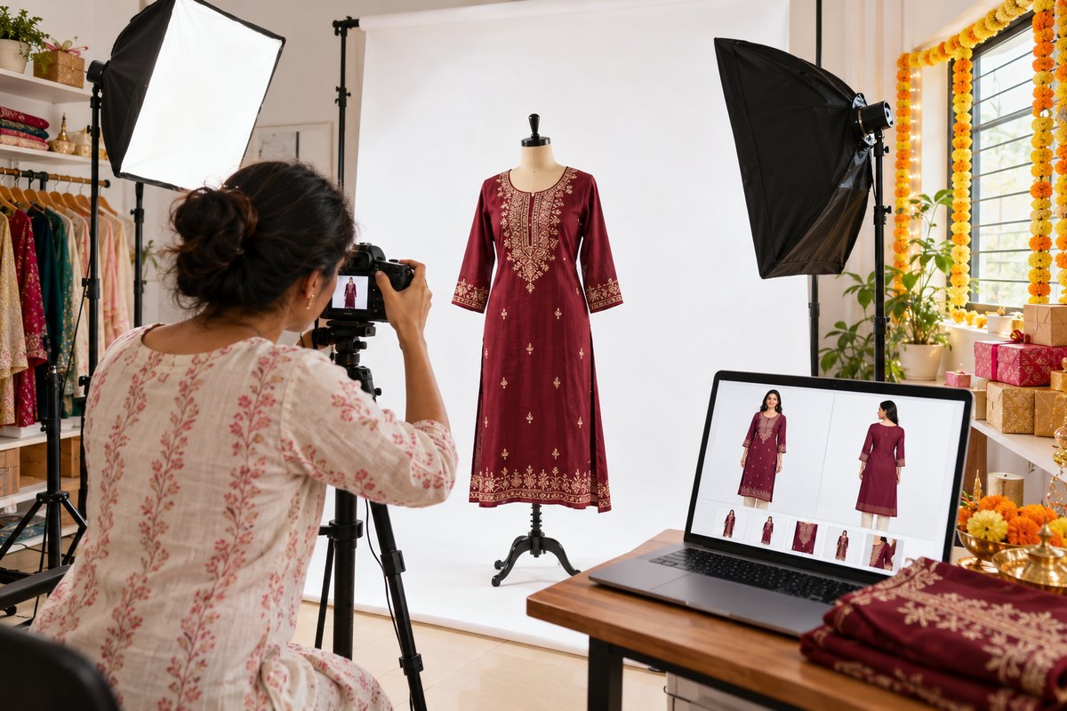 A seller photographing a maroon kurti on a dress form against a white sweep, the finished white-background listing images on her laptop