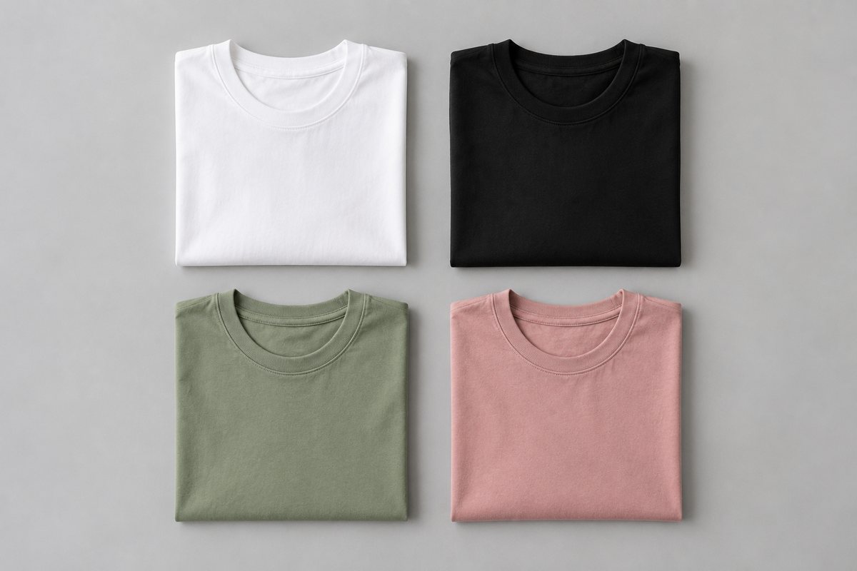 Four plain t-shirts folded on grey, the starting point for every mockup generator compared here