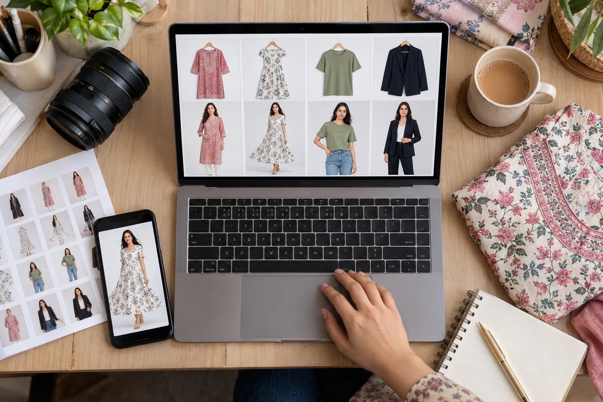 A seller's desk from above: a laptop showing flat garment photos next to the same garments on models, with a phone, lens and printed contact sheet around it