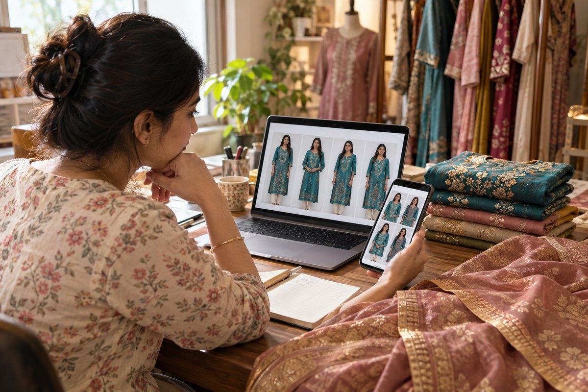 An Indian boutique owner comparing AI try-on results of the same embroidered kurti on a laptop and a phone