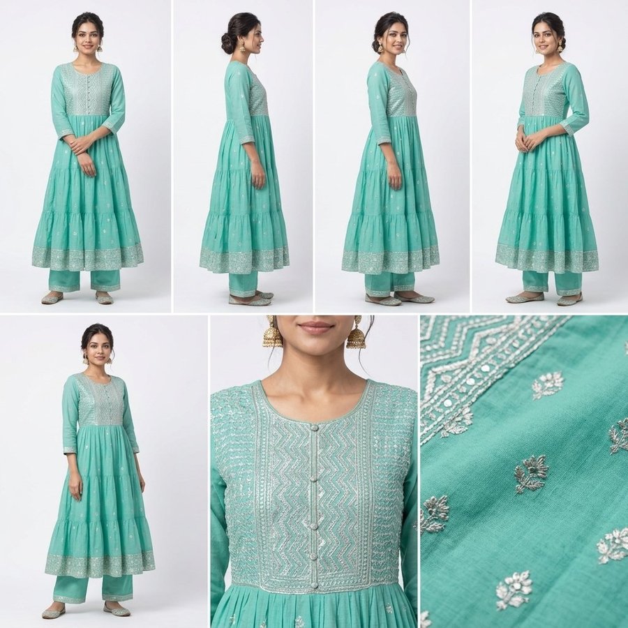 CatalogX catalog shots of a teal anarkali kurti set: the same model in front, side and three-quarter views, an embroidery close-up of the buttoned yoke and a fabric texture shot
