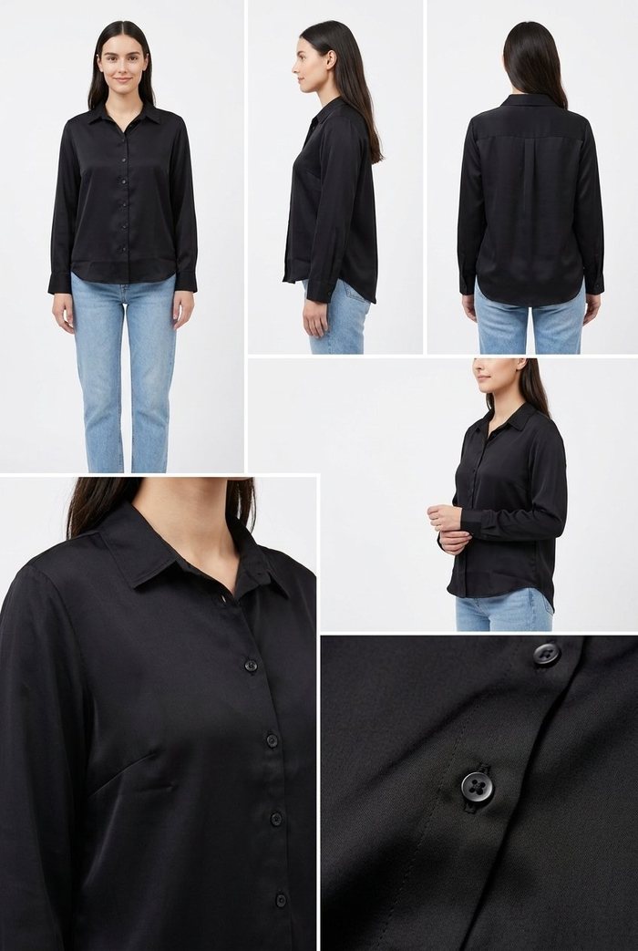 CatalogX catalog shots of a black satin shirt: front, side and back views on the same model in light blue jeans, a three-quarter view, a collar close-up and a button macro
