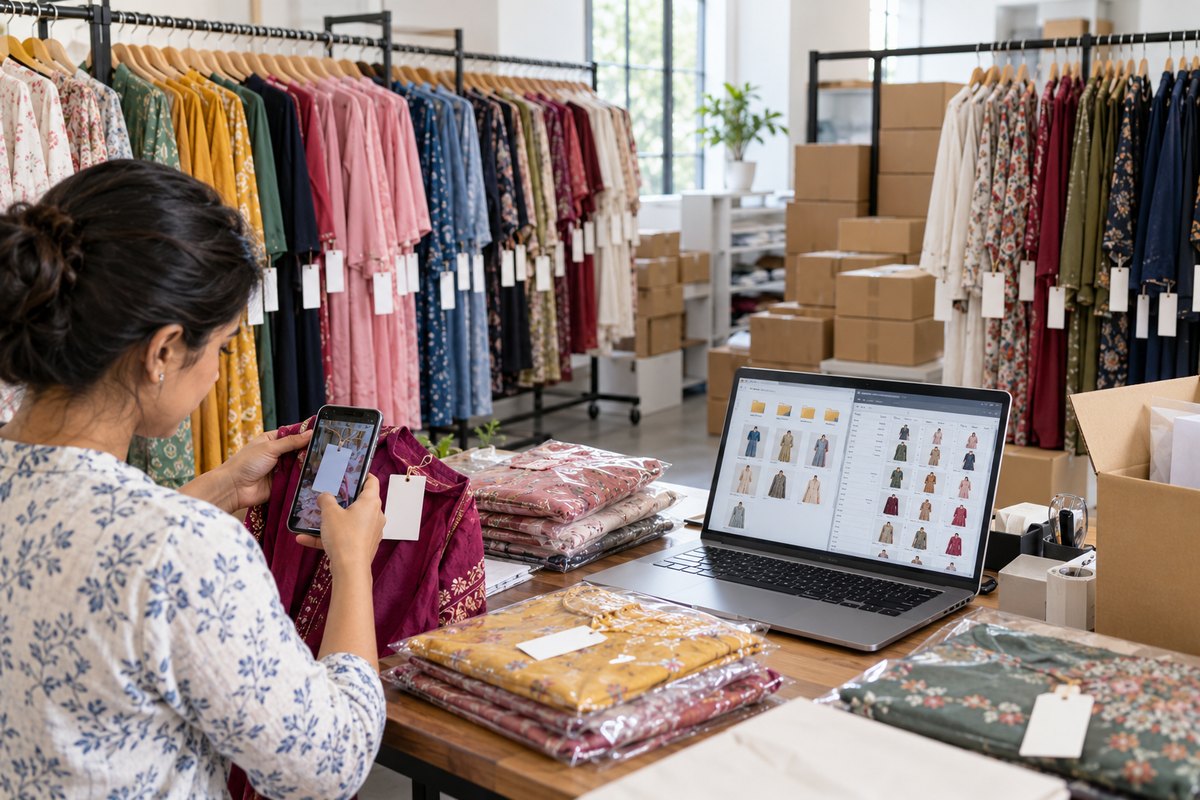 A packing room with tagged garments on racks, a seller scanning a tag, and a laptop showing product thumbnails grouped by SKU