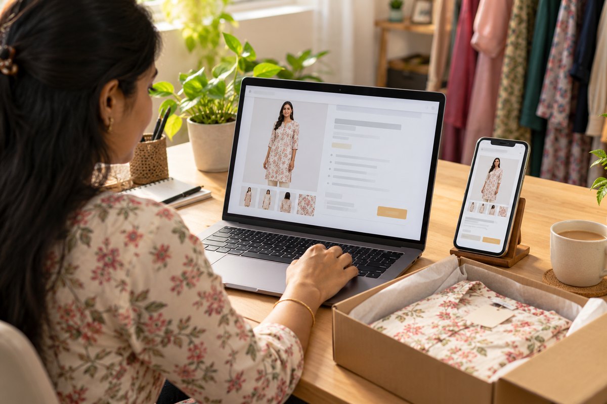 A seller finishing an online listing: on-model kurti photo and thumbnails on the laptop, the same listing on her phone, and the packed parcel ready beside her