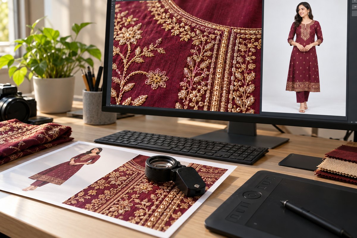 A monitor zoomed into the gold embroidery of a maroon kurta beside the full model shot, with a loupe on a print of the same photo