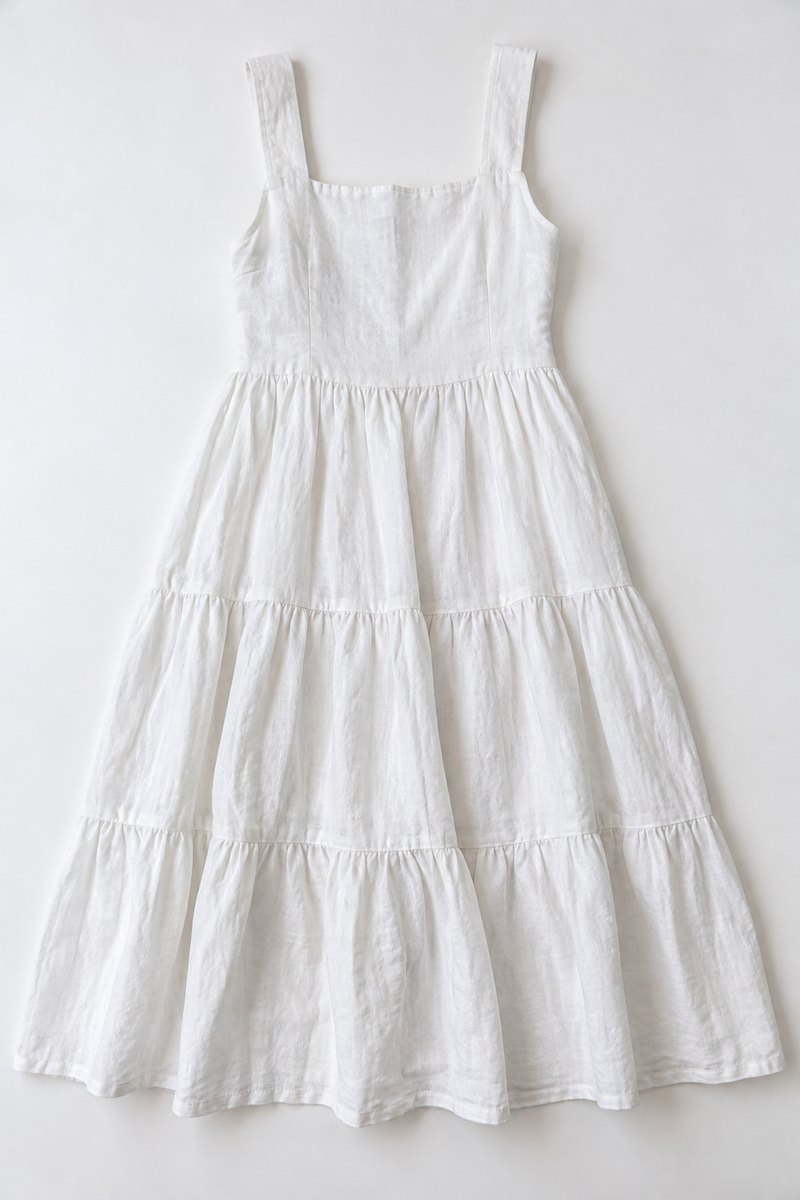 Plain supplier flat-lay photo of a white tiered linen dress