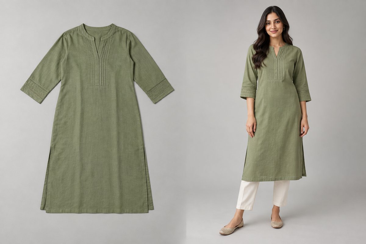 A flat photo of a sage kurta beside the same kurta rendered on a model by AI try-on