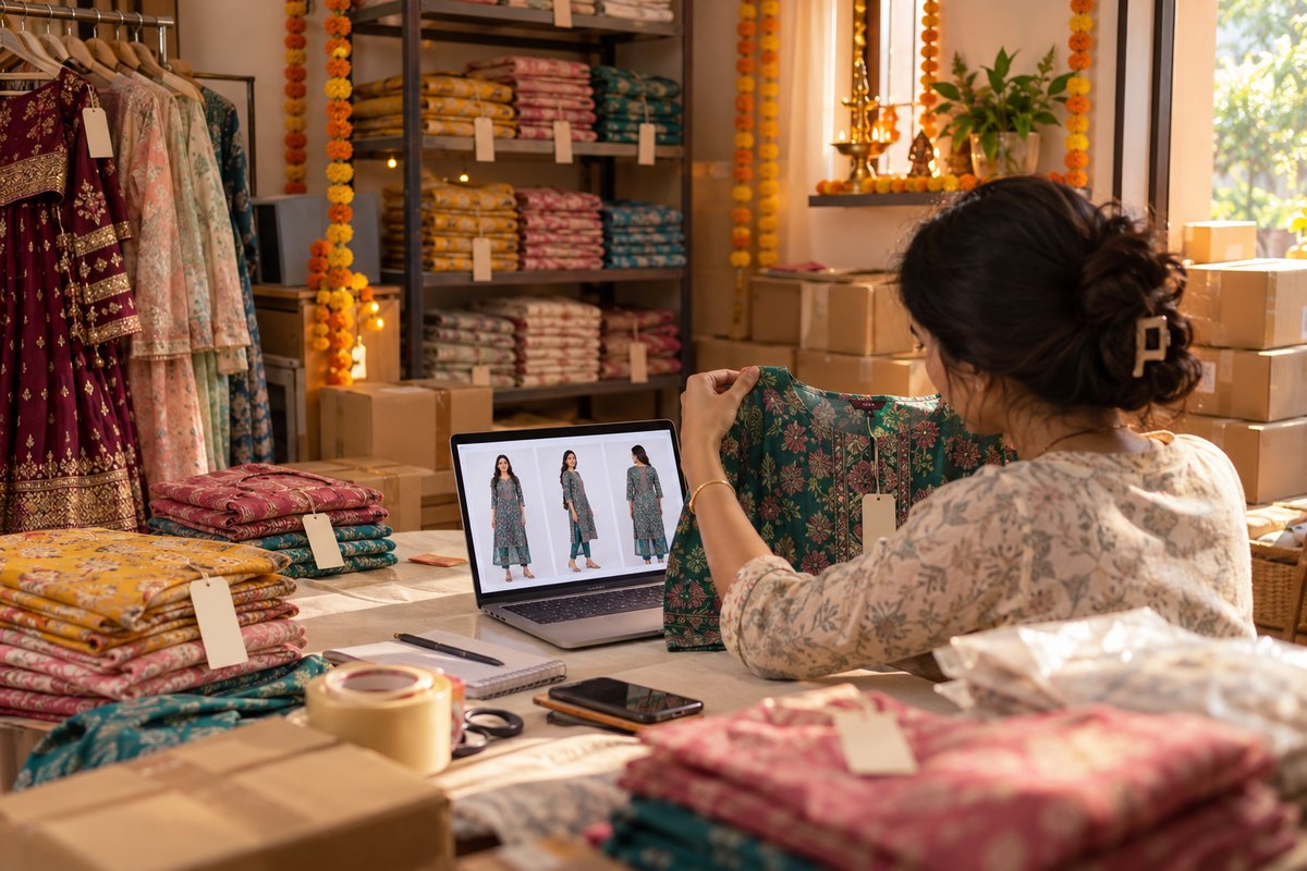 A seller preparing festive-season stock: tagged kurtis sorted by colour, boxes ready, and on-model listing photos on her laptop