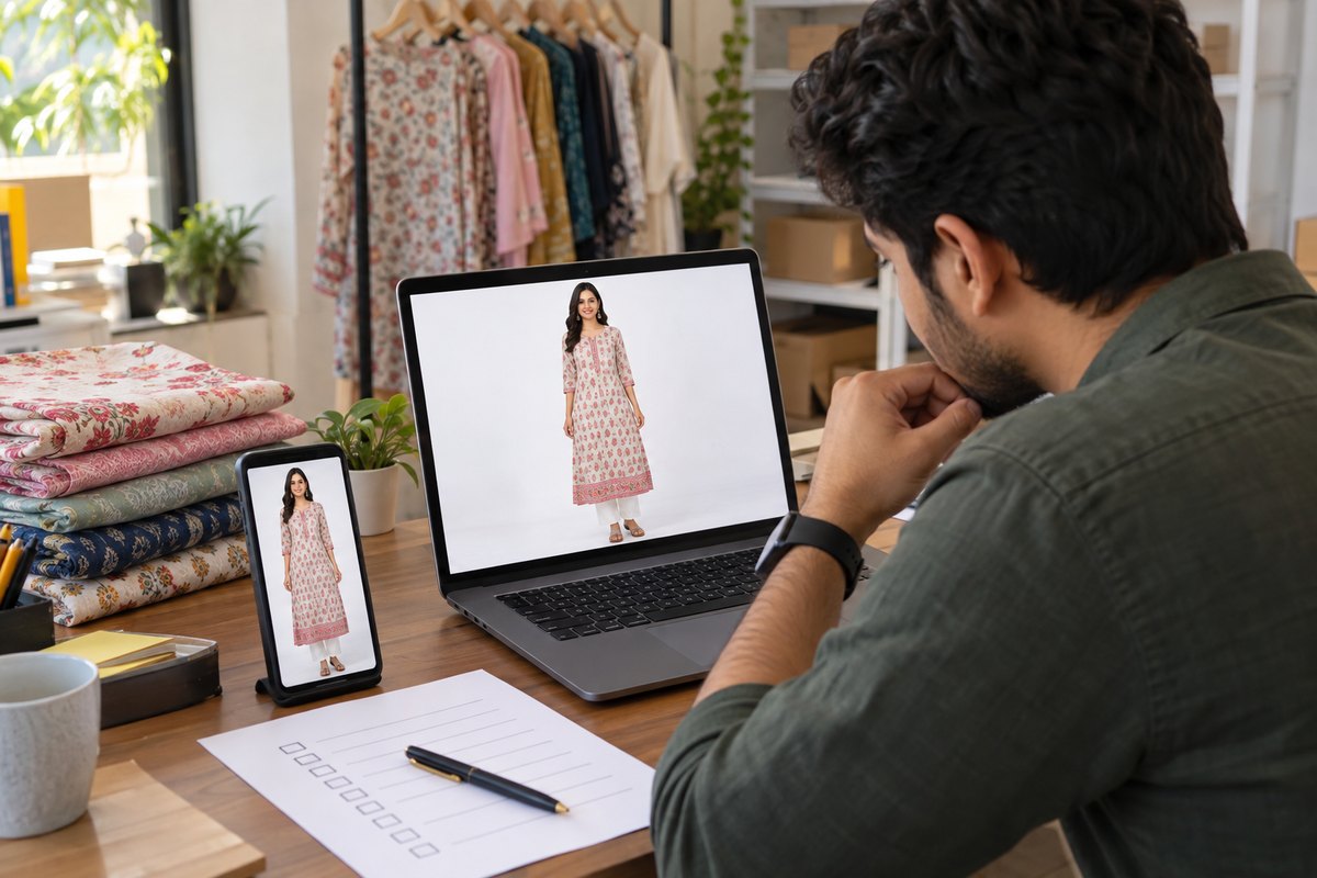 A seller re-checking a white-background kurti listing photo on his laptop before upload, checklist and phone beside him