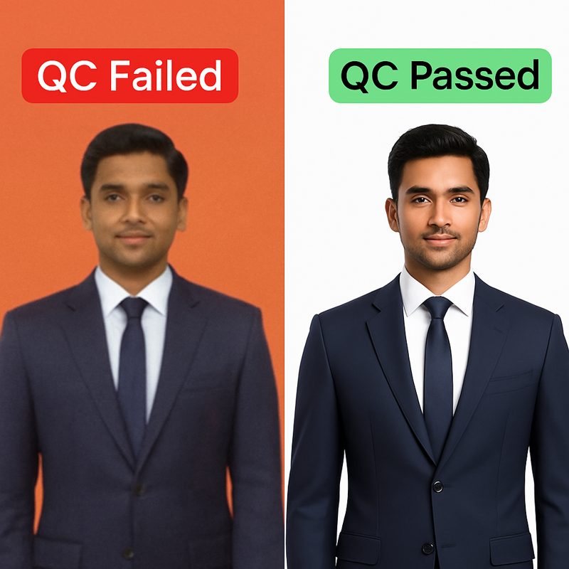 Before and after: blurry photo on colored background marked QC Failed vs sharp photo on white background marked QC Passed