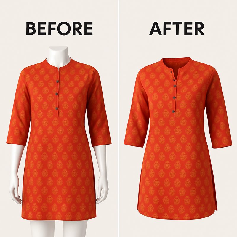 Ghost mannequin effect — before (mannequin visible) and after (invisible mannequin, 3D garment shape)