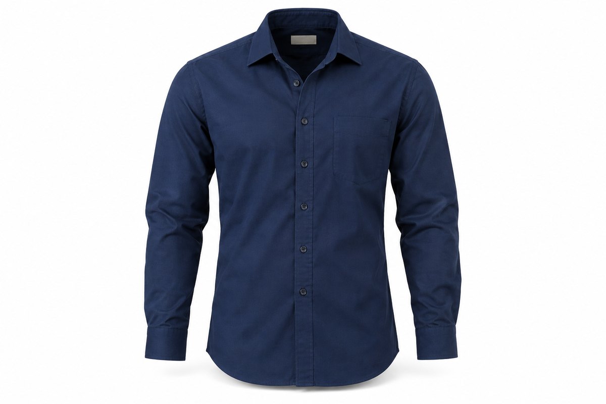 Ghost mannequin shot of a navy cotton shirt holding its 3D shape on a white background with no visible mannequin