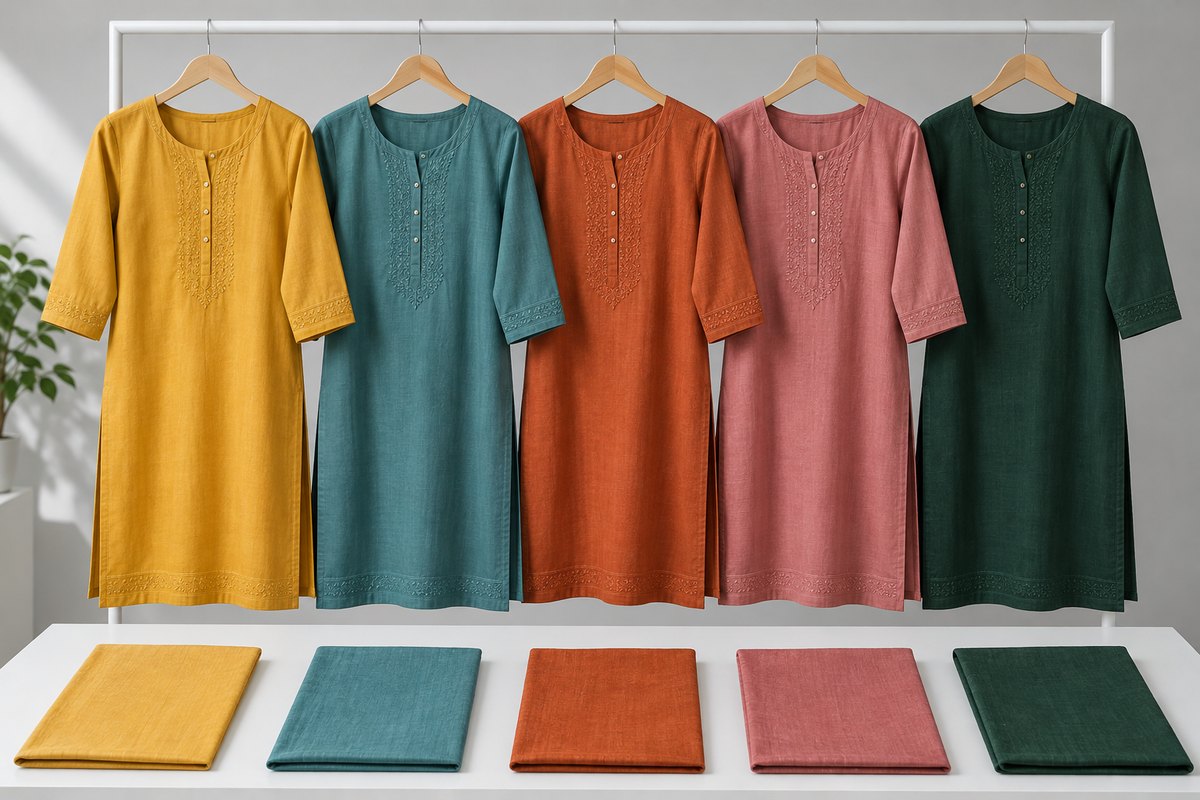 The same cotton kurti in five colorways hanging side by side, each with a matching fabric swatch below it