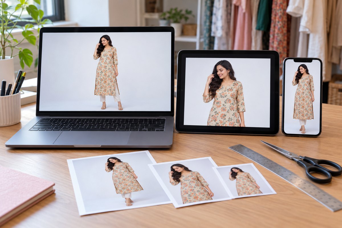 The same kurti photo shown as a portrait crop on a phone, a square crop on a tablet and a wide crop on a laptop, with trimmed prints and a ruler