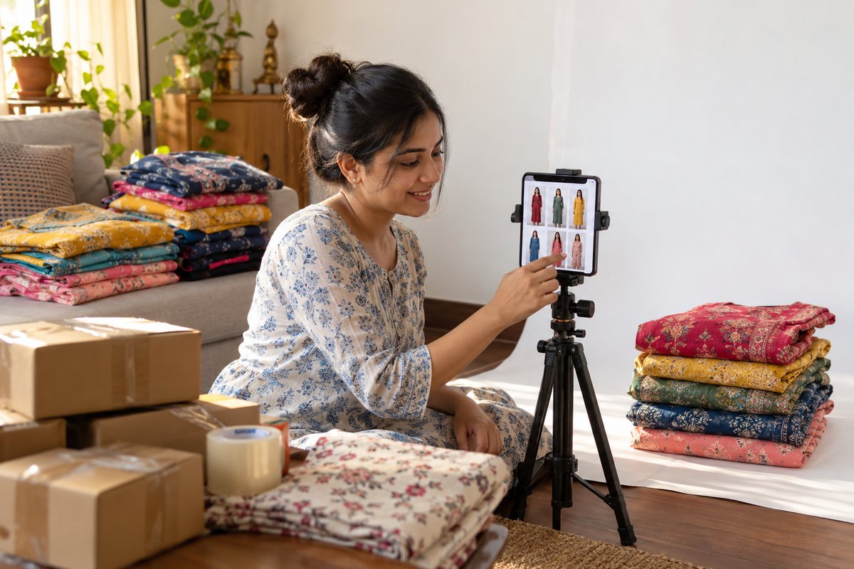 A home-based Meesho reseller photographing kurtis for listings