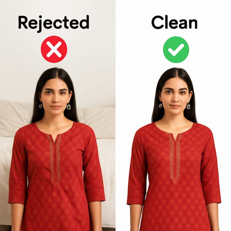 Before and after: kurti photo with home background marked Rejected vs clean version that passes Meesho catalog review