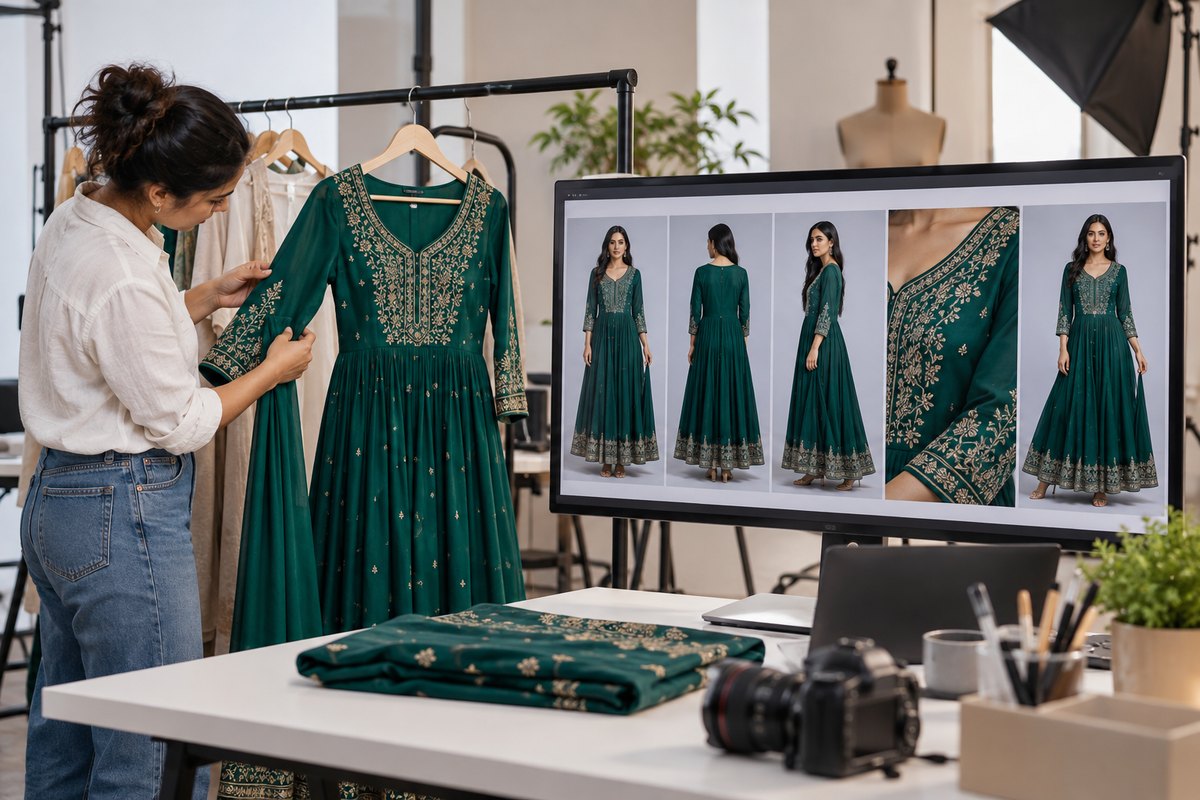 Five portrait views of the same emerald anarkali on one model, front, back, side, detail and look shot, on a studio monitor