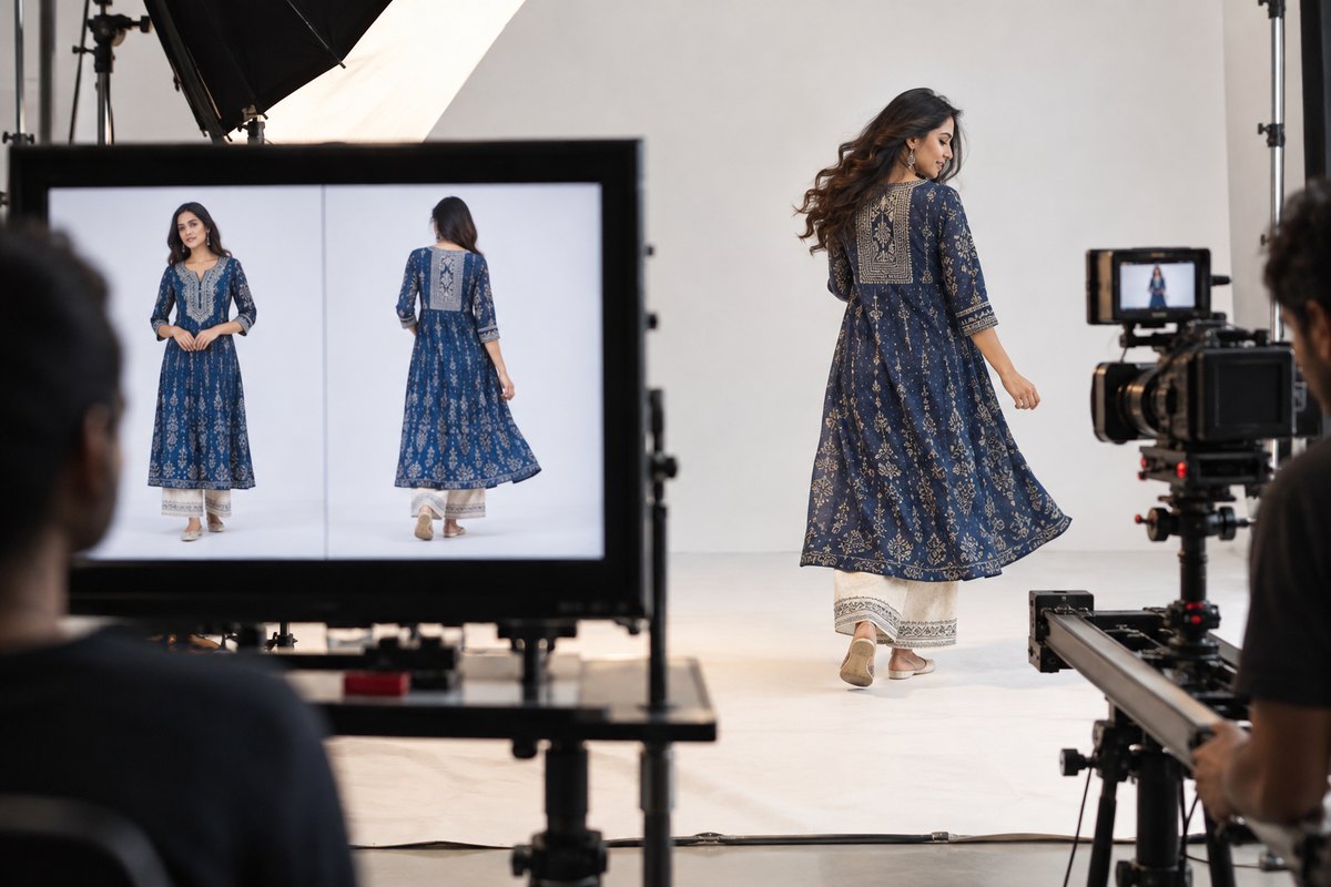 A video shoot with the model mid-turn showing the back of a printed indigo kurta, the front and back stills on a monitor in the foreground