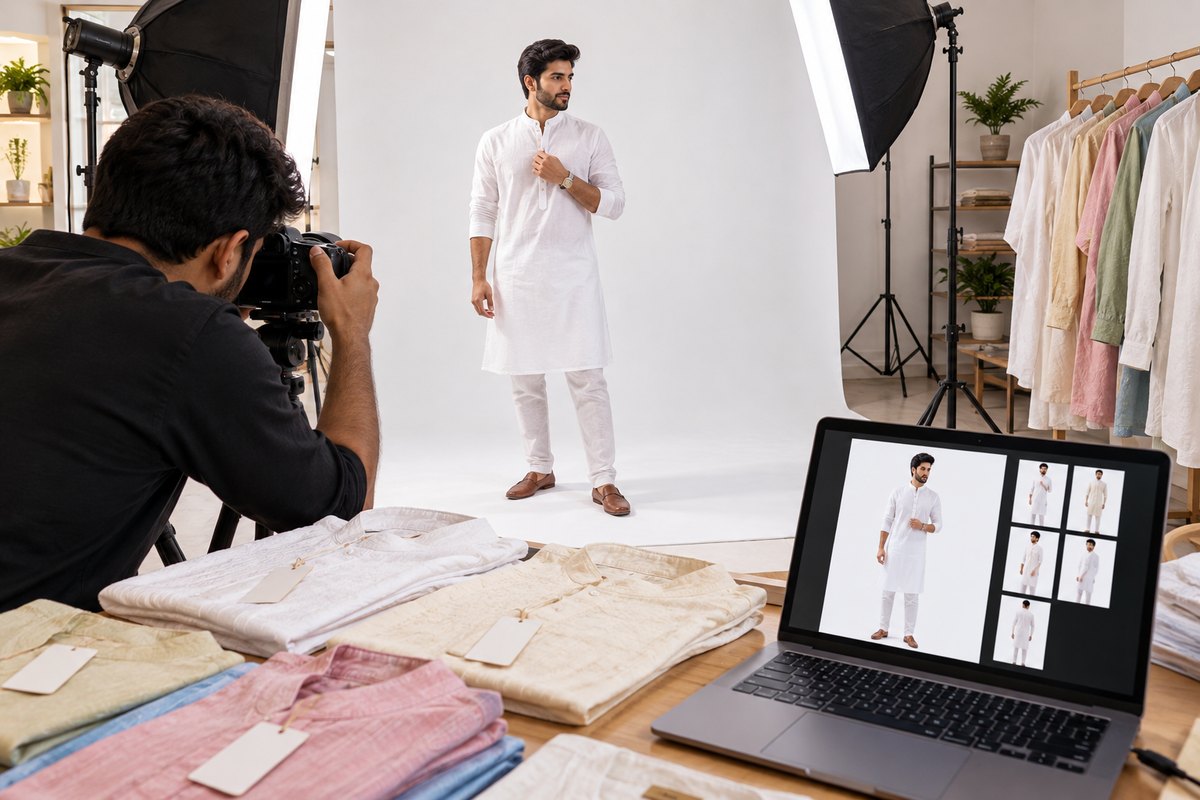 A male model in a white linen kurta on a seamless white backdrop, the finished square listing image and thumbnails on a laptop beside the shoot