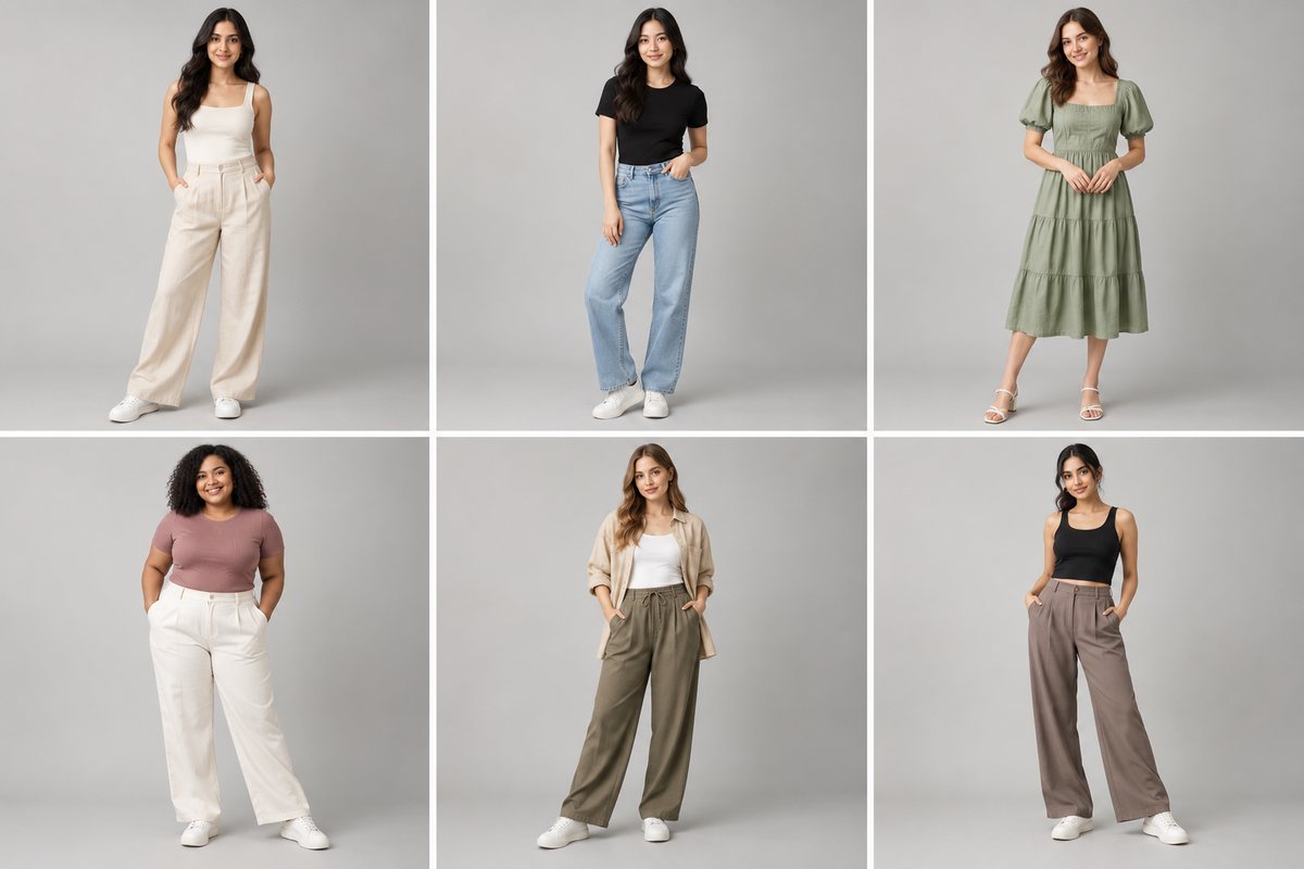 Six western-wear looks shot on models against the same grey backdrop