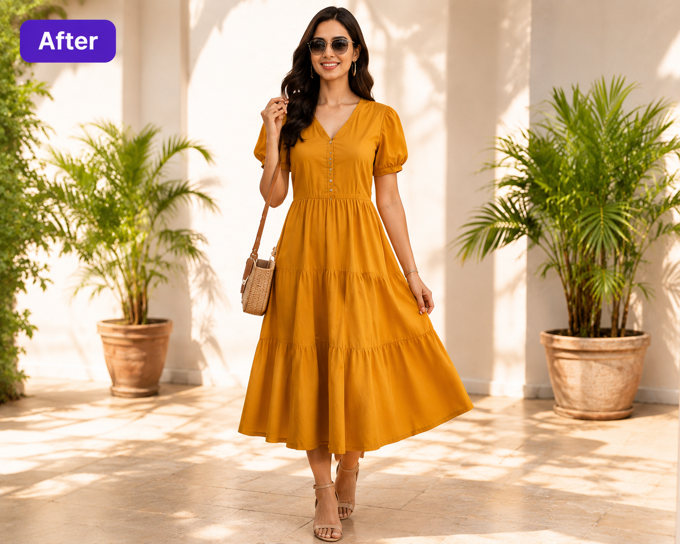 Step 5: AI generates model wearing yellow dress in selected scene