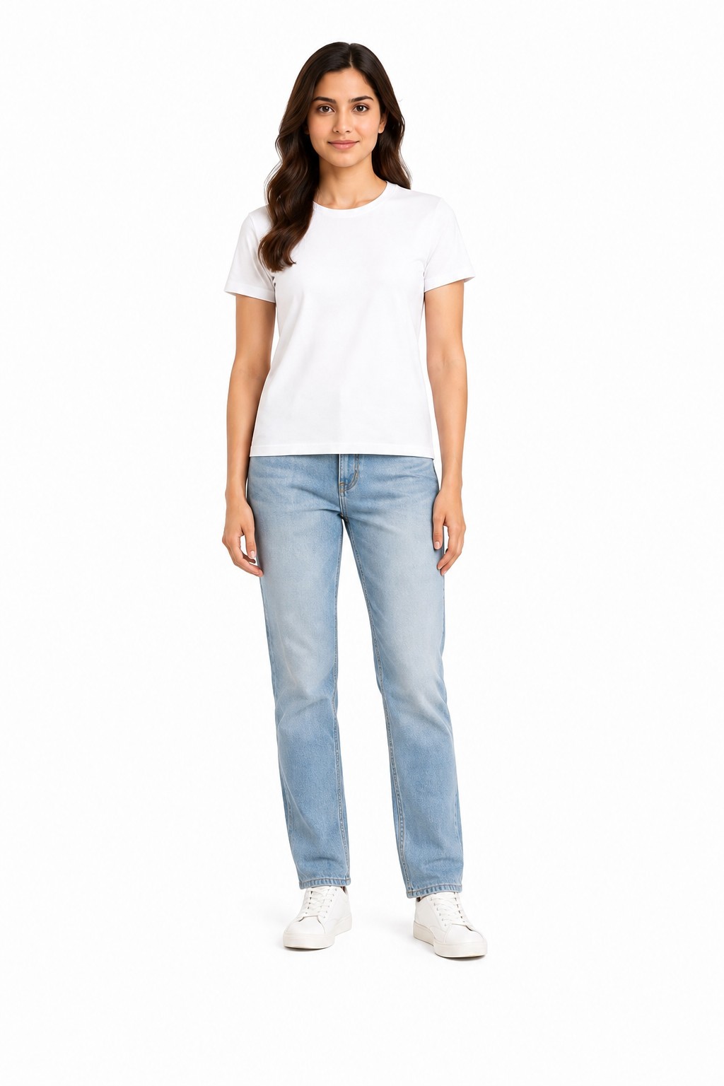 AI-generated casual wear mockup on female model