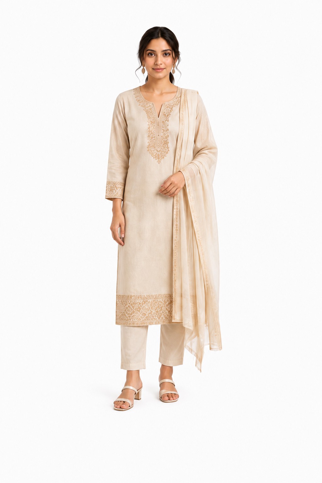 AI-generated ethnic outfit on female model
