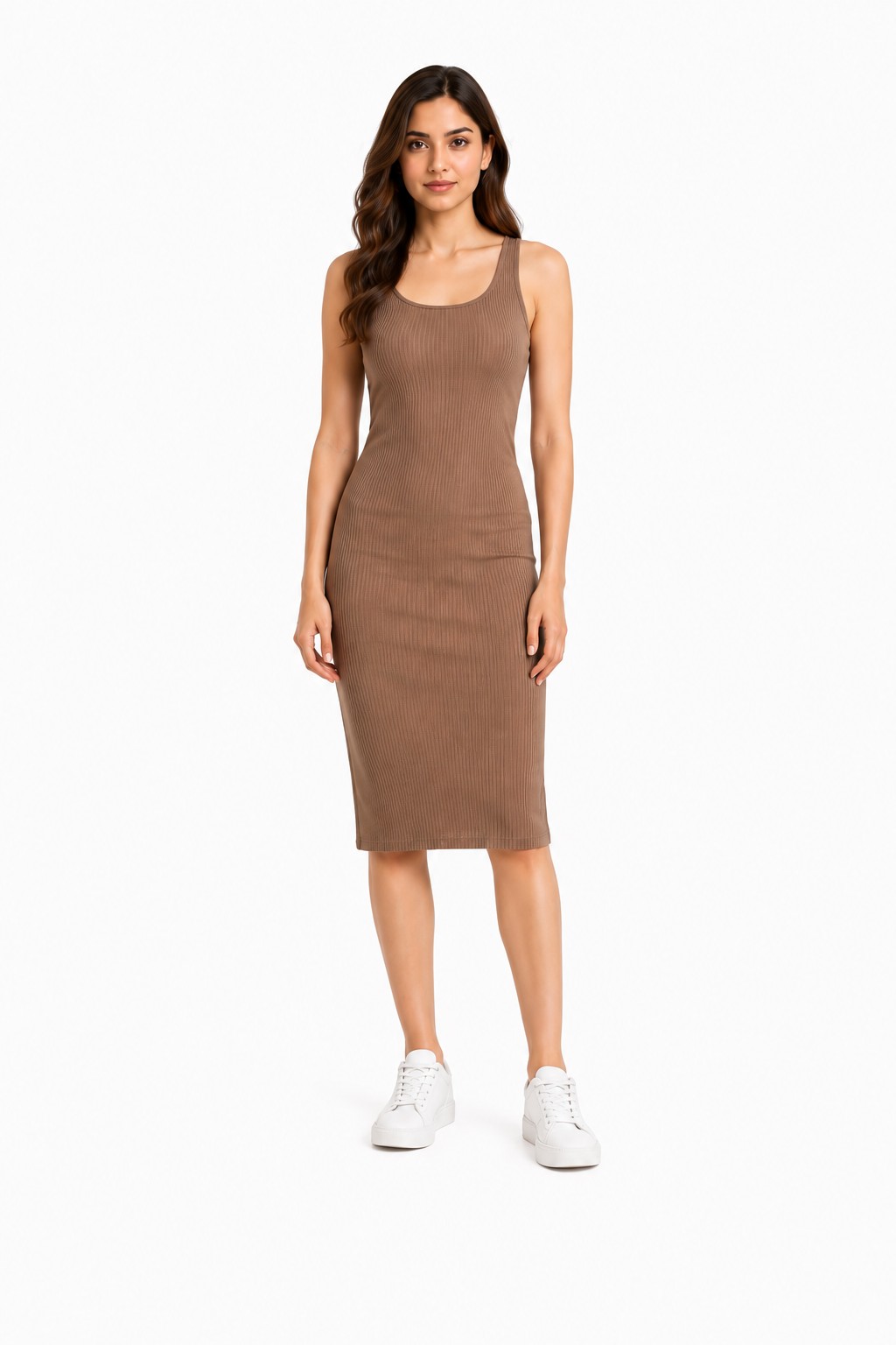 AI-generated modern outfit on female model