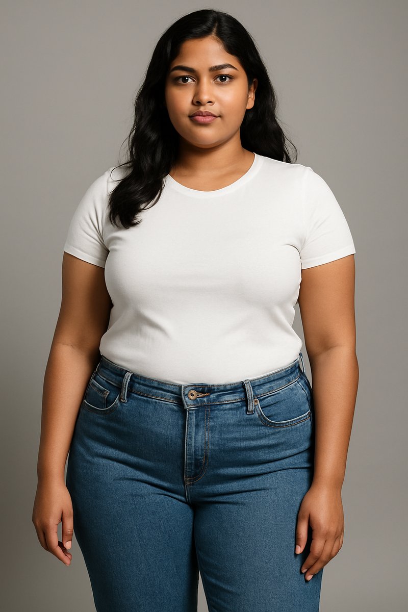 Plus size Indian female AI model for size-inclusive kurti and dress catalogs