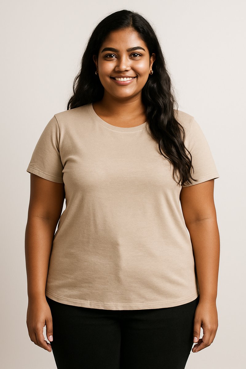 Plus size Indian female AI model showing ethnic wear on a realistic body type