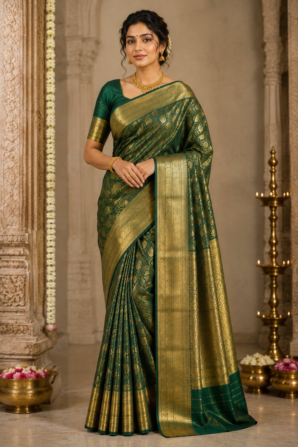 Indian female AI model wearing a saree with realistic pallu draping