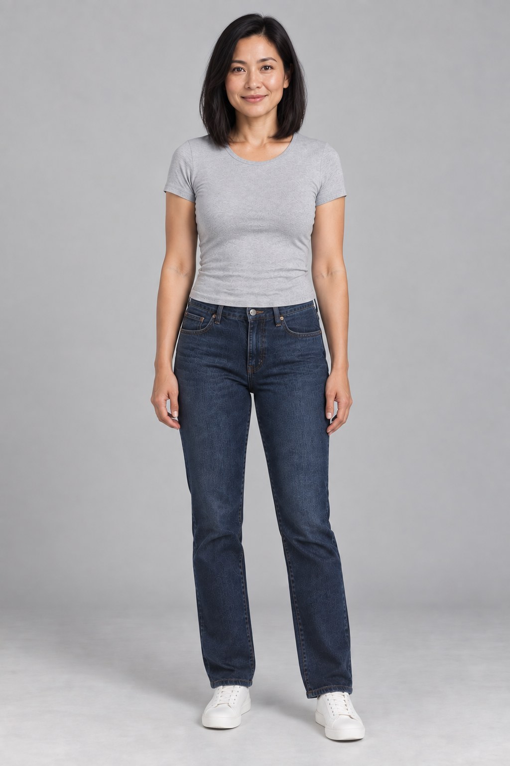 Catalog model in a tee and jeans