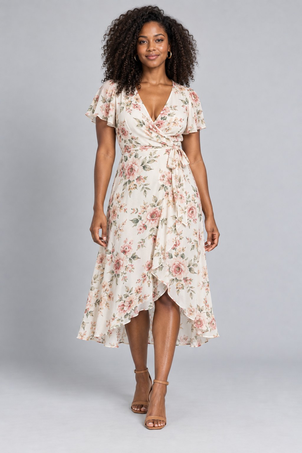 Catalog model in a floral wrap dress