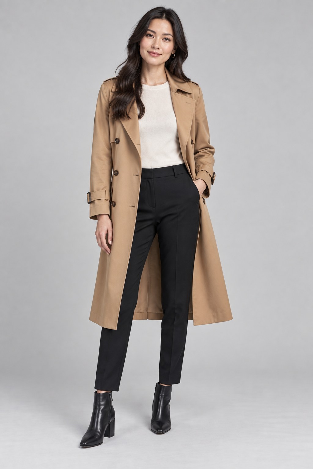 Catalog model in a camel trench coat