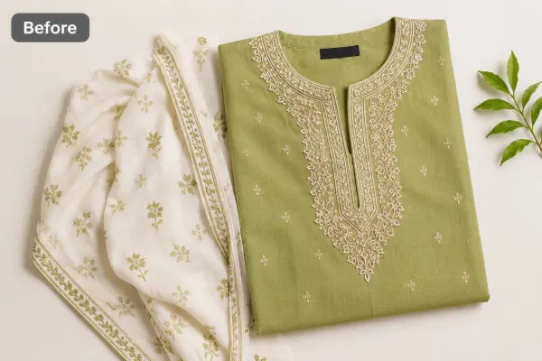 Green embroidered kurti with dupatta, flat lay