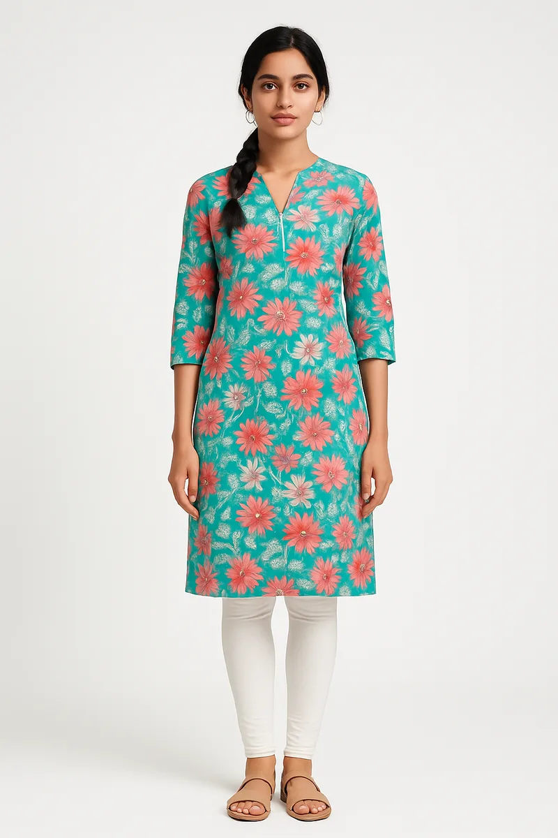AI kurti photography result — Indian model wearing the kurti with correct fit and fall