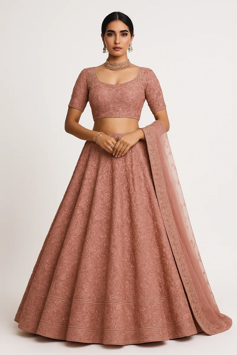 AI lehenga photography result — Indian model wearing the lehenga with full flare and styled dupatta