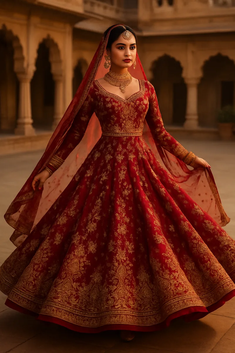 AI lehenga photography — Indian model in a flared lehenga against a festive backdrop