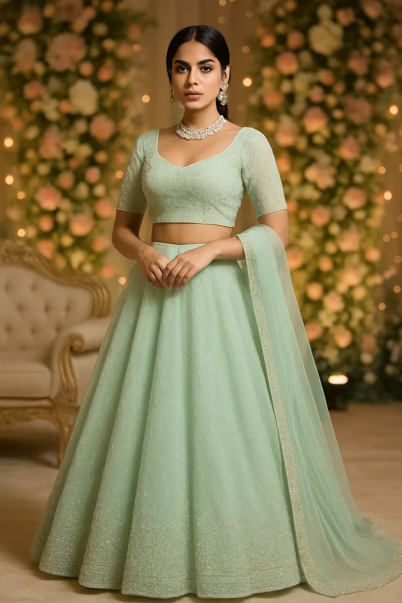 AI-generated lehenga model photoshoot in a garden lifestyle setting for e-commerce