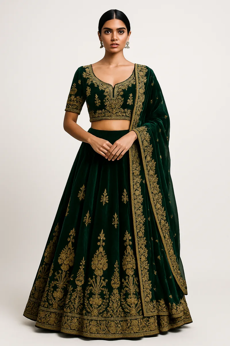 Lehenga catalog image on white background — marketplace-ready AI model photo