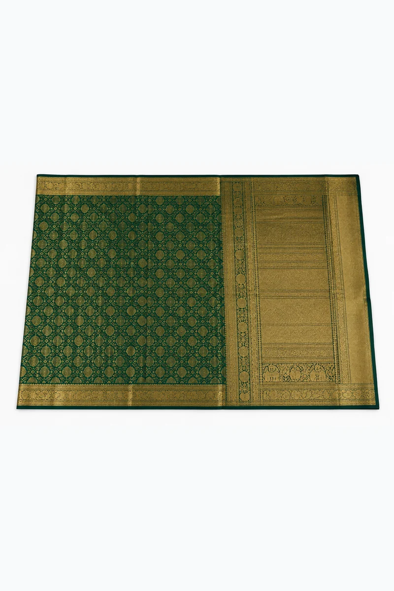 Step 1: upload your garment photo — a green and gold silk saree, flat lay