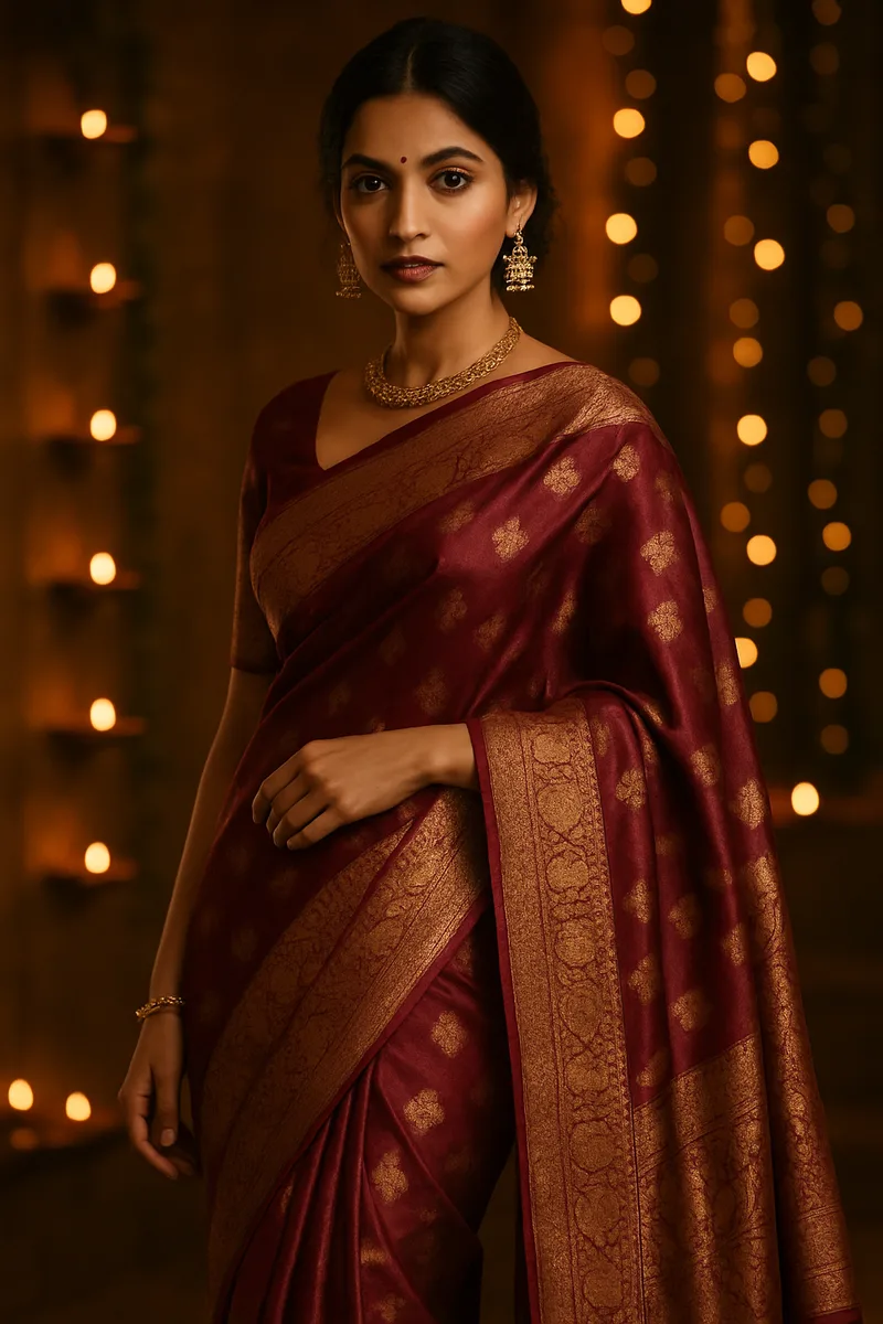 AI saree photography — Indian model in a draped saree against a festive backdrop