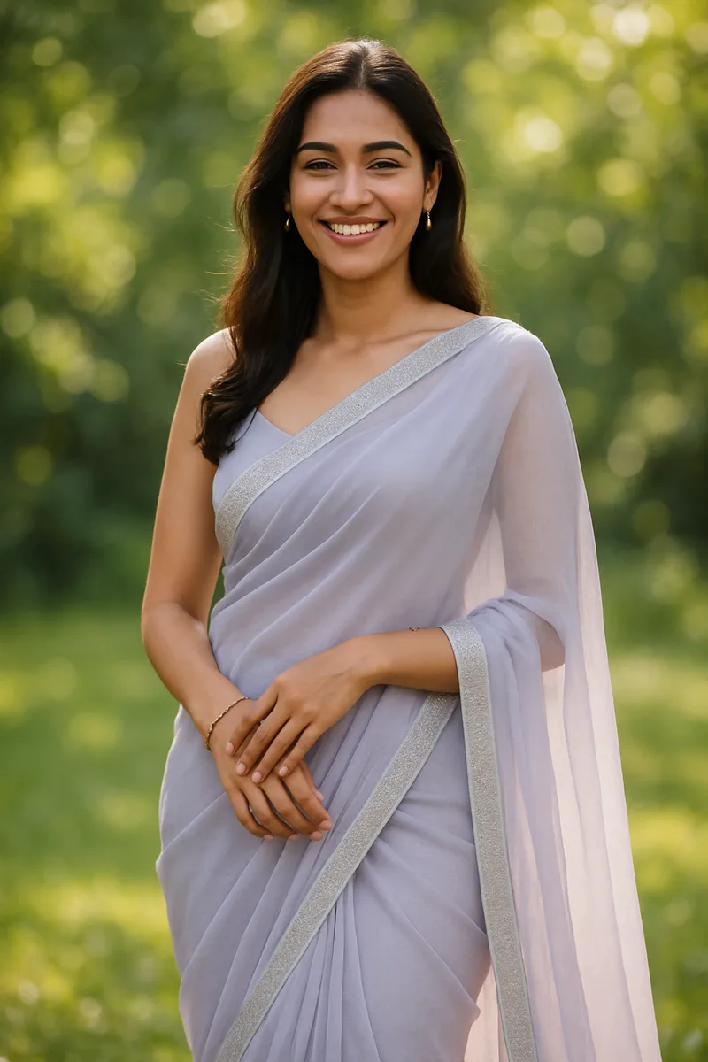 AI-generated saree model photoshoot in a garden lifestyle setting for e-commerce
