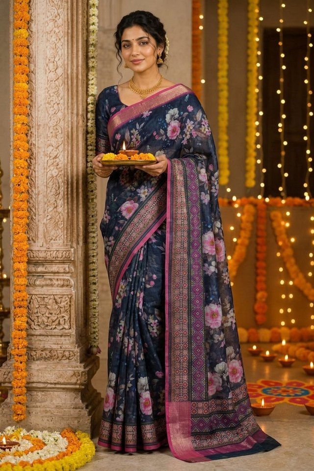 Product photo made with CatalogX — a navy floral saree with a zari border, styled for a Diwali shoot