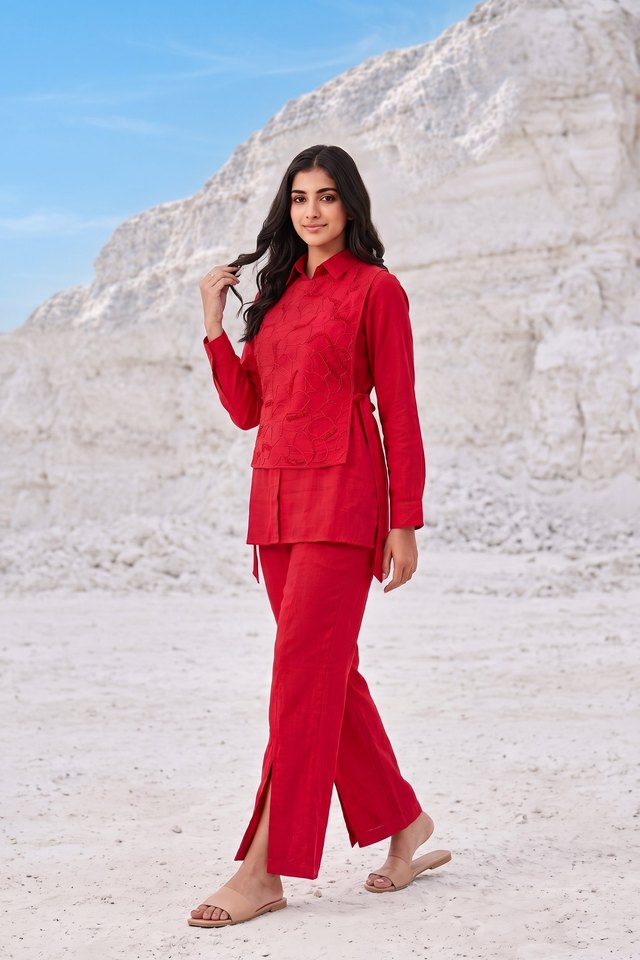 Product photo made with CatalogX — a red linen co-ord set photographed against white cliffs