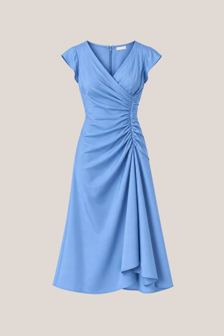 Flat photo of a blue ruched midi dress — the garment a seller uploads