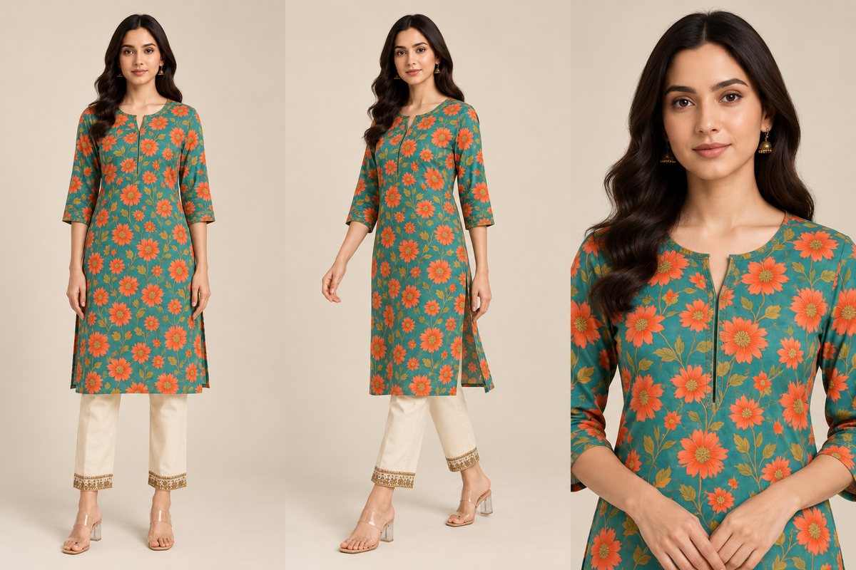 One kurta shot front on, walking and in close-up, ready for a listing