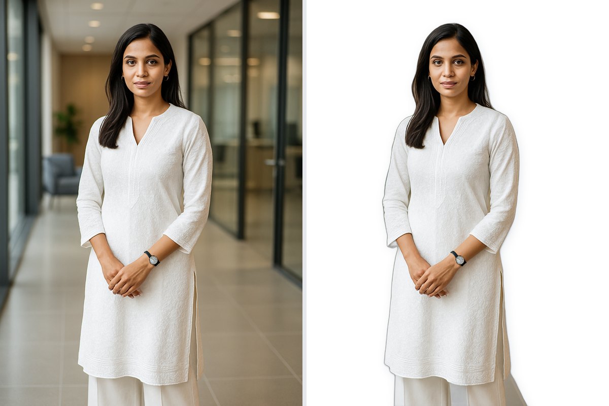The same kurti shot before and after one-click background removal, the result on plain white
